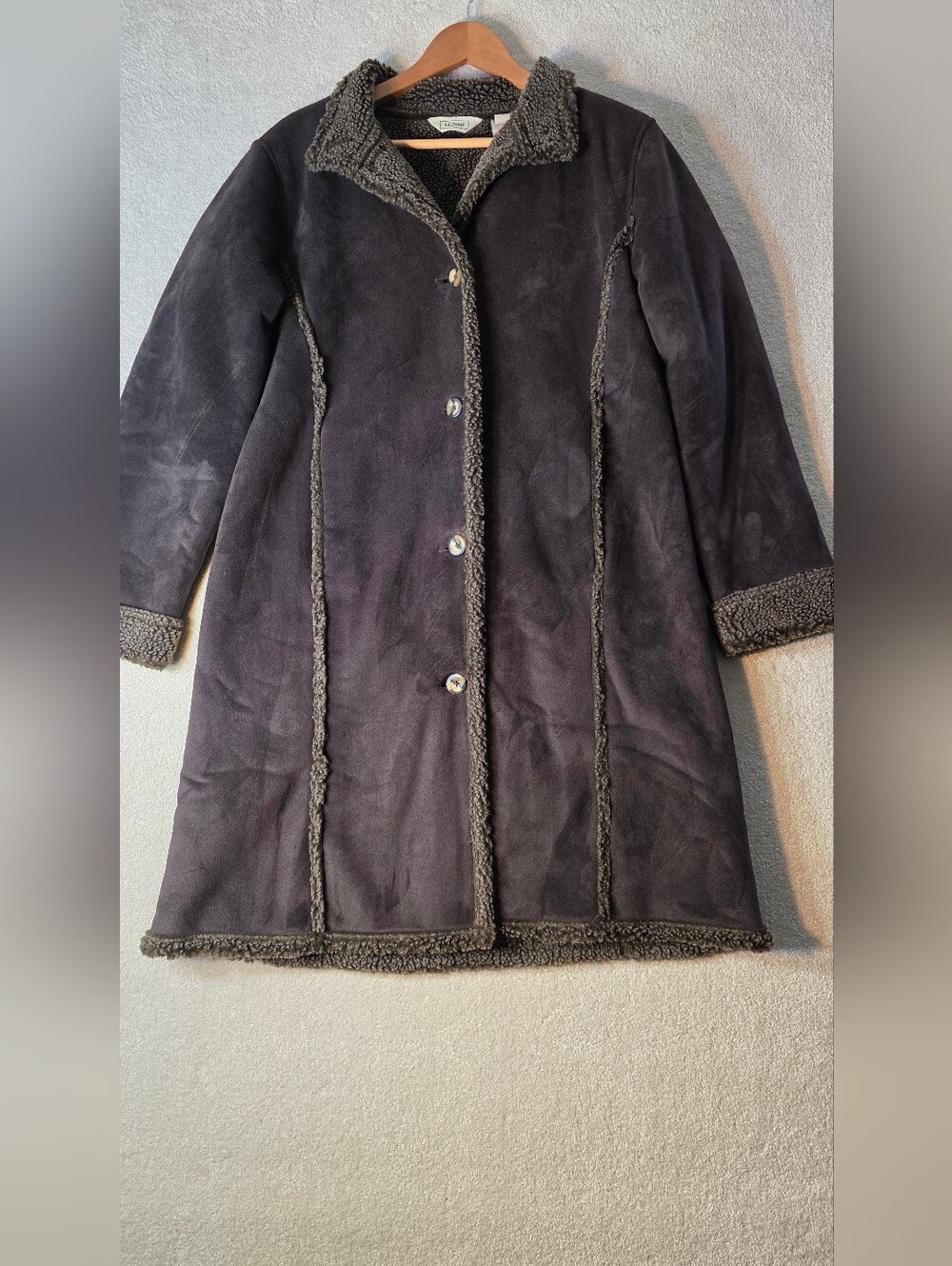 LL Bean Sherpa Lined Faux Suede Long Brown Chore Coat Western Cabin Womens M
